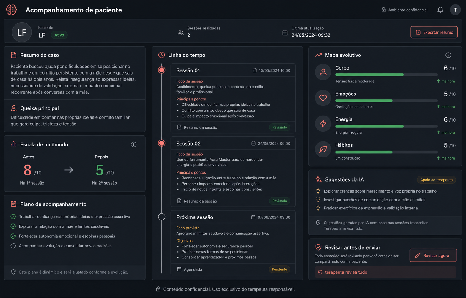 Mockup da tela de acompanhamento do cliente com linha do tempo e plano