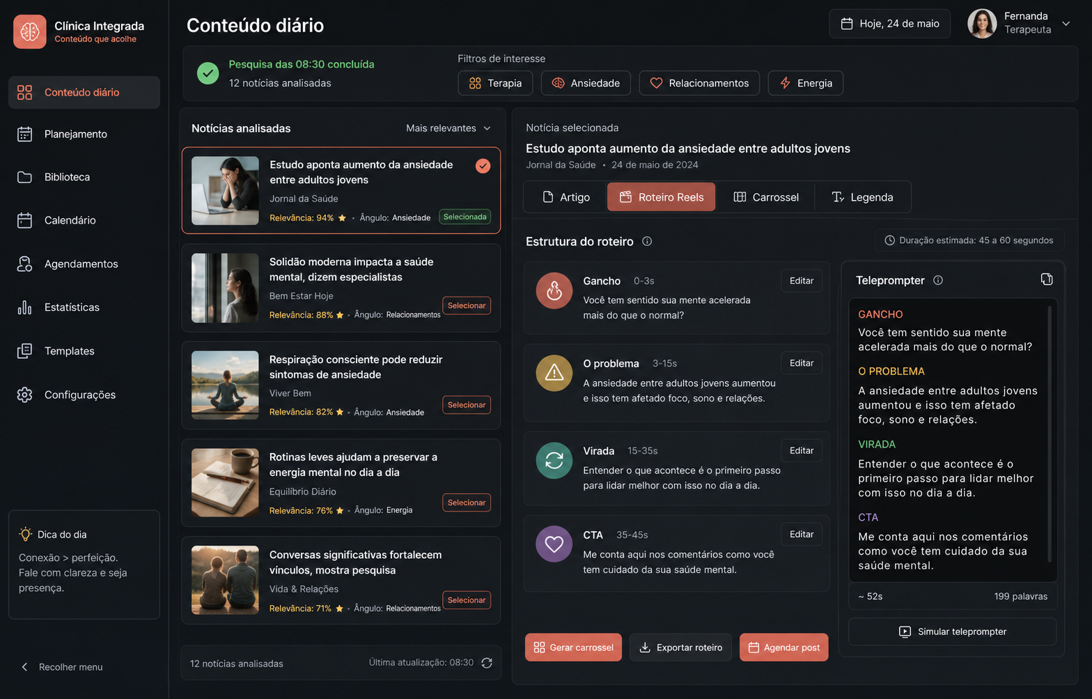 Mockup da tela de conteúdo diário com notícias, roteiro de Reels e carrossel