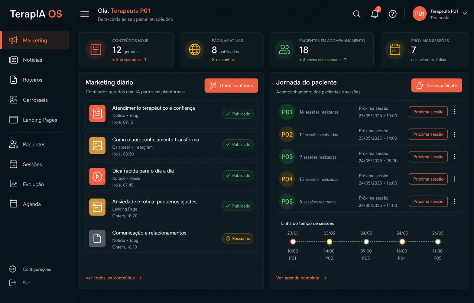 Mockup do menu geral do aplicativo para terapeutas