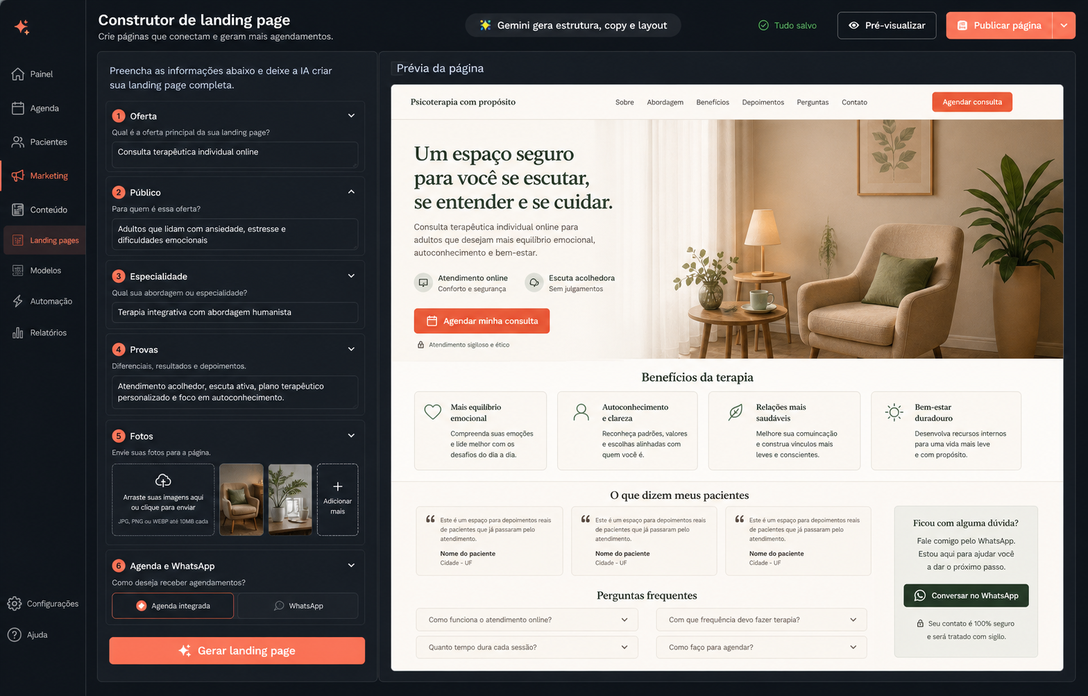 Mockup do construtor de landing page com formulário e prévia da página