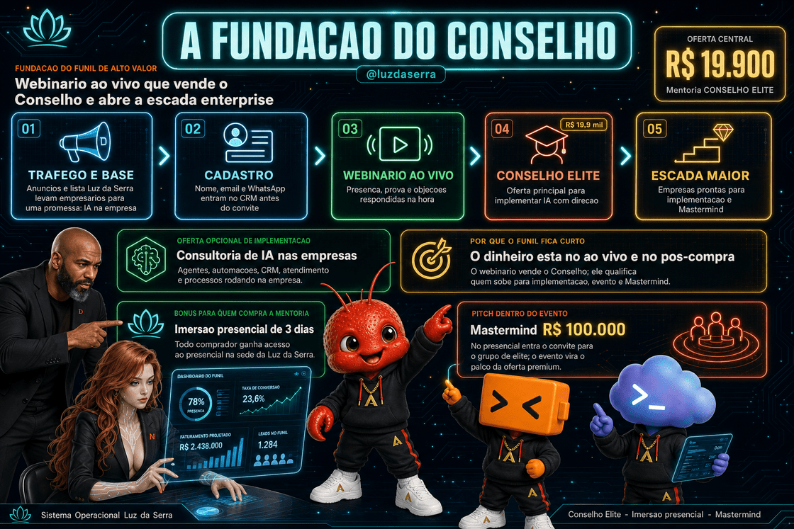 Infografico da esteira invertida do Conselho Elite: webinario ao vivo, mentoria Conselho Elite de R$ 19,9 mil como produto, imersao presencial de 3 dias como entregavel trimestral e pitch do Mastermind Axia de R$ 100 mil nascendo dentro dela.