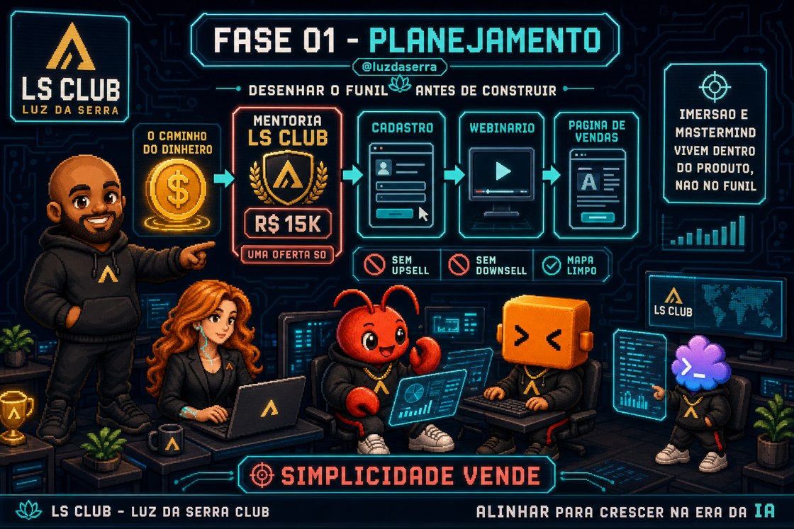 Infografico da fase de planejamento: do rascunho no papel ao mapa final do funil antes de construir.