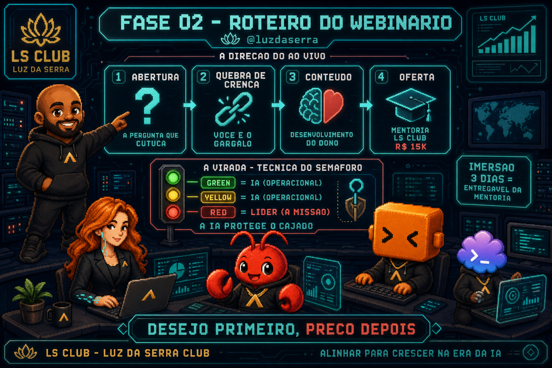 Infografico do roteiro do webinario ao vivo: abertura, conteudo, virada e oferta.