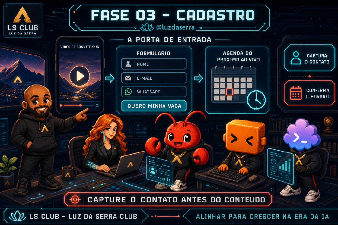 Infografico da fase de cadastro: captura do contato e agendamento do proximo webinario ao vivo.