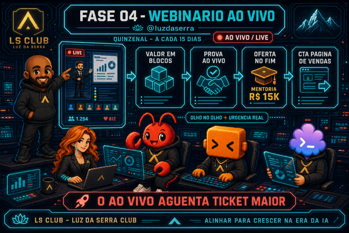 Infografico do webinario ao vivo quinzenal: valor em blocos, oferta no fim e CTA pra pagina de vendas.