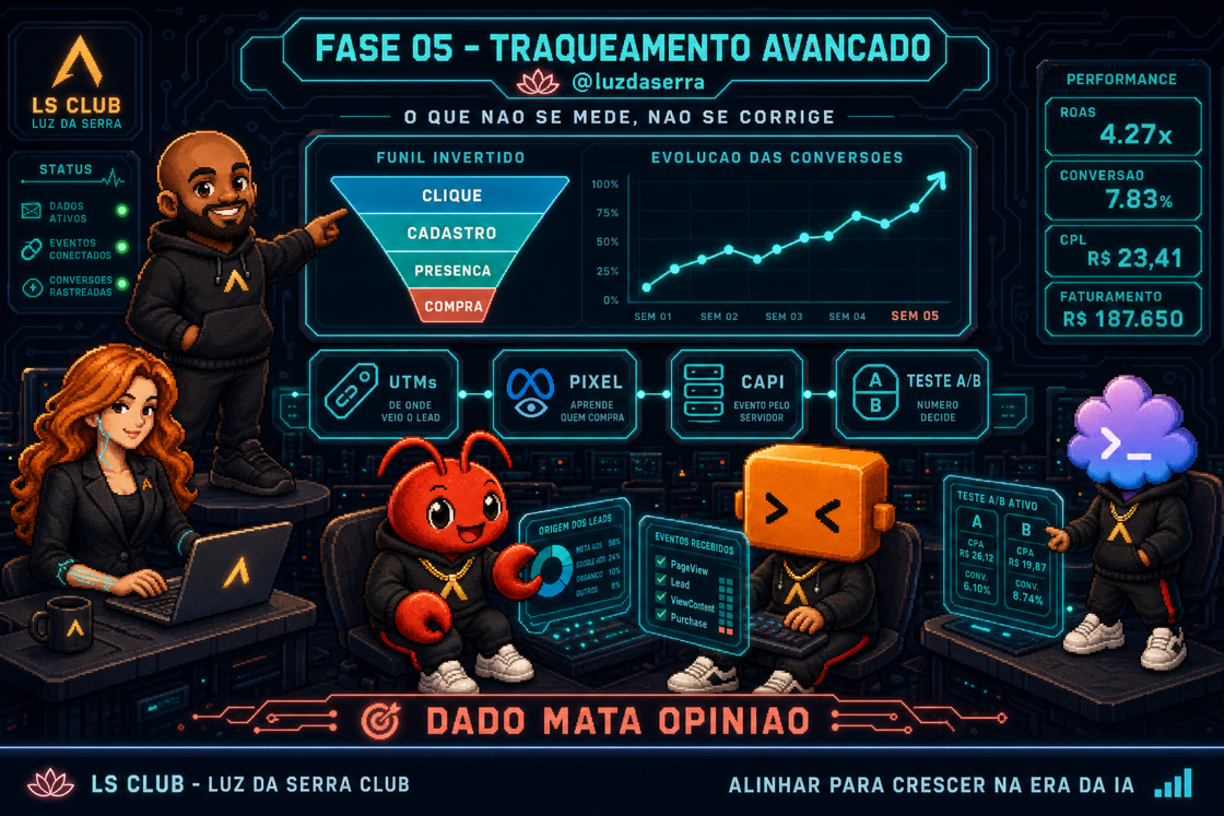 Infografico do traqueamento avancado: UTMs, Pixel, CAPI e teste A/B medindo cada etapa do funil.