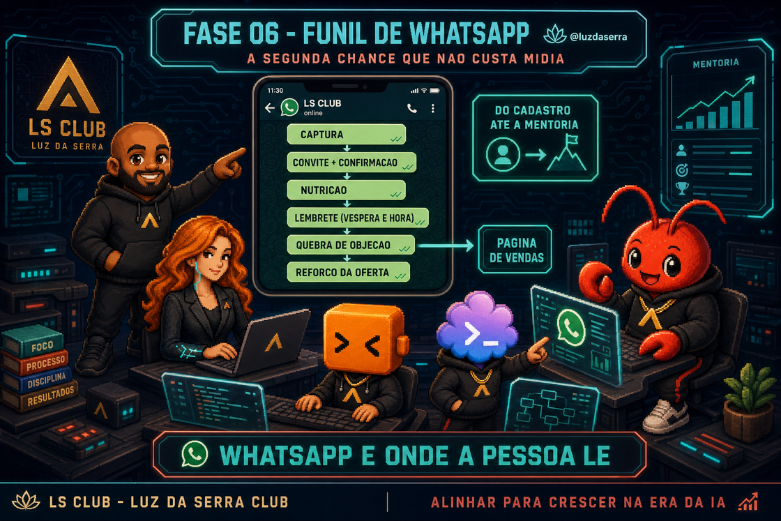 Infografico do funil de WhatsApp: do convite ao reforco da oferta, mensagem a mensagem.