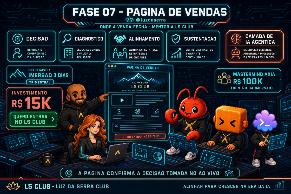 Infografico da pagina de vendas da mentoria Conselho Elite: carta, os 4 Pilares, a camada de IA agentica, a imersao presencial como entregavel trimestral e o preco numa pagina so.